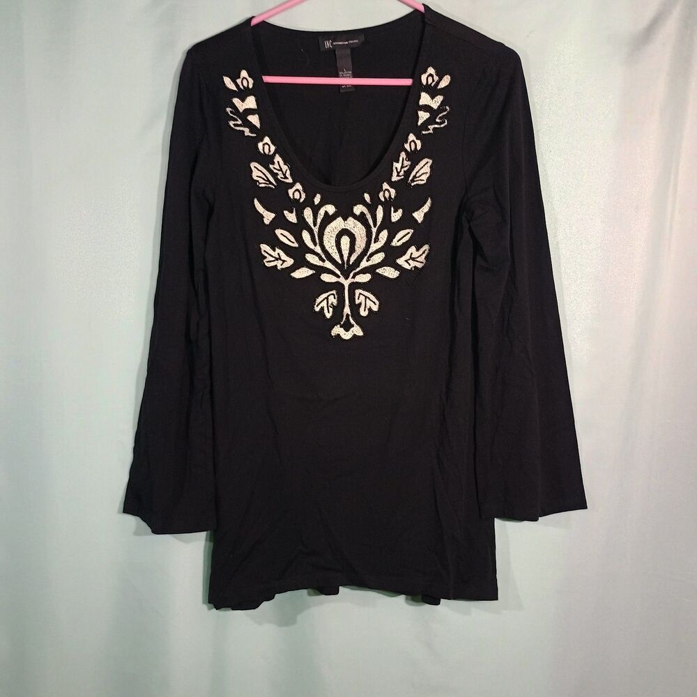Women’s Black Embroidered Tunic Top – Ivory Floral V-Neck Long Sleeve Blouse